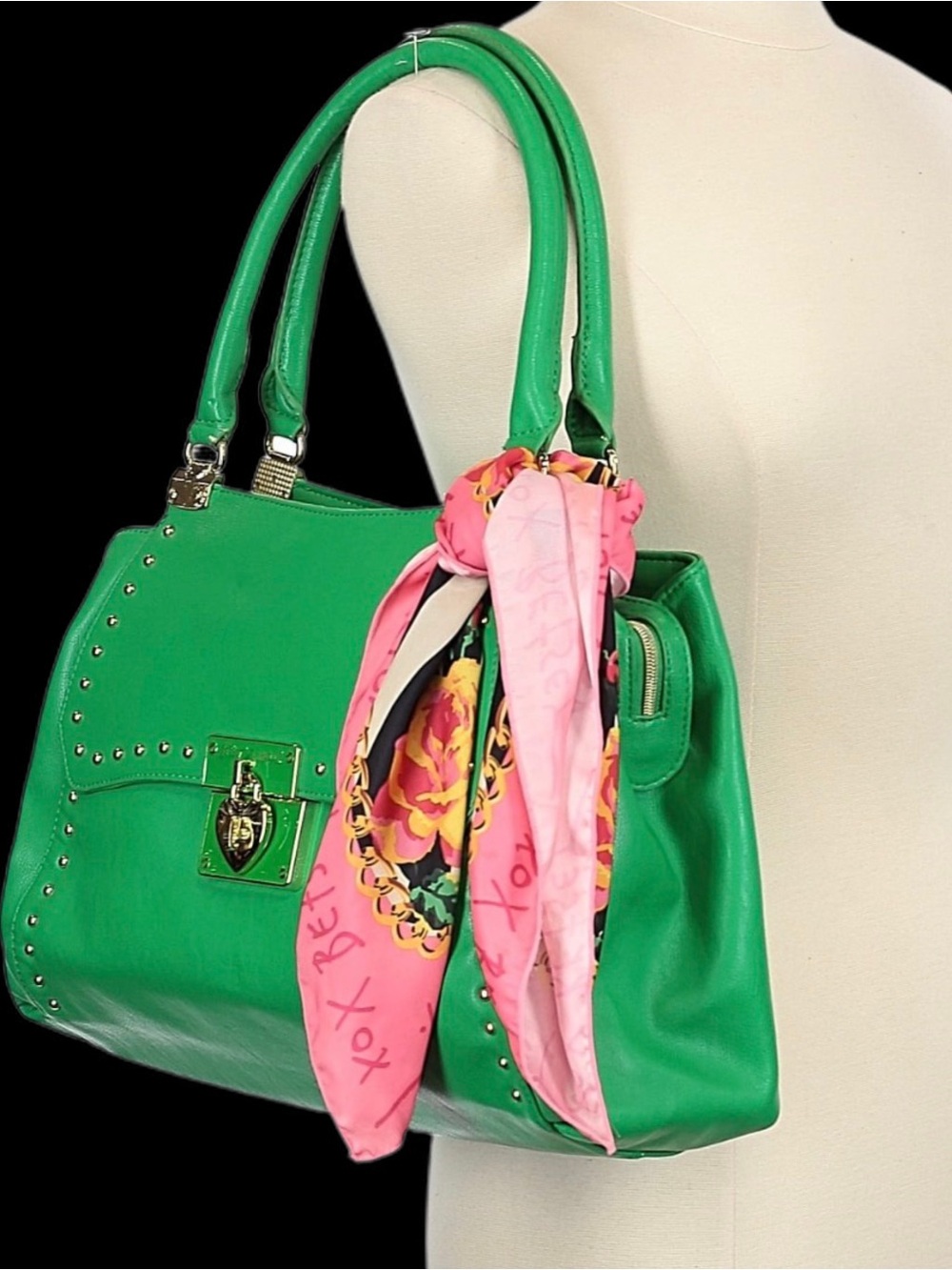 Betsey Johnson Faux Leather Heart Locket Green Satchel with Pink Scarf - Picture 2 of 12